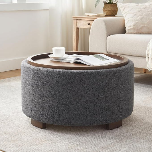 Zihanhome 30 Inch Round Storage Ottoman Coffee Table, Modern Boucle Ottoman with Lift-Off Lid and Solid Wood Legs for Living Room, Bedroom, Corners, Apartments (Grey)