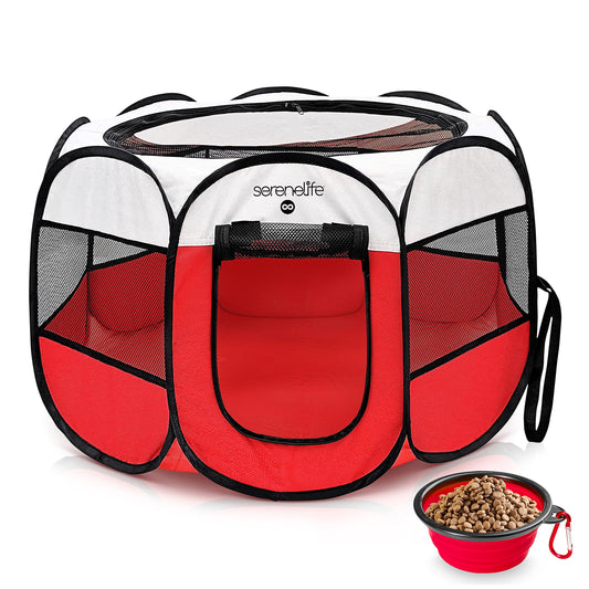 SereneLife On-The-Go Foldable Portable Pet Tent 8-Panel Playpen for Dog & Cat w/Food/Water Bowl, Mesh Exercise Puppy Playground, Pet House Indoor & Outdoor, Travel & Camping Pet Kennel (Red- Medium)