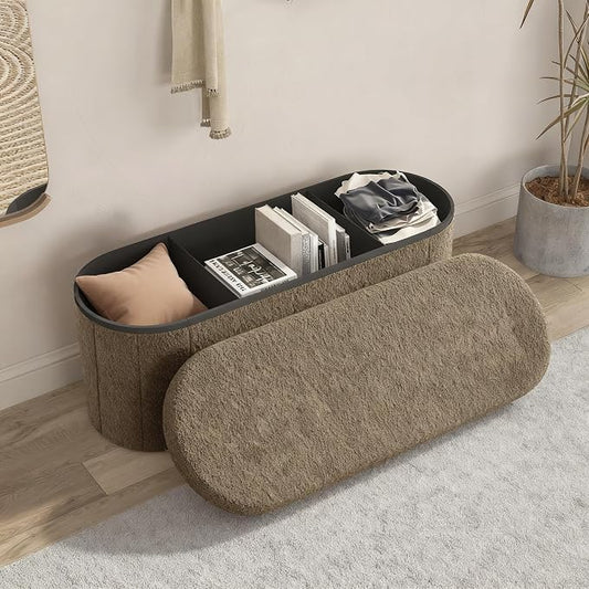 GLAXYFUR Oval Storage Ottoman Bench, Sherpa Foot Rest, 43 Inch Folding Chest for Living Room, Bedroom (Brown)