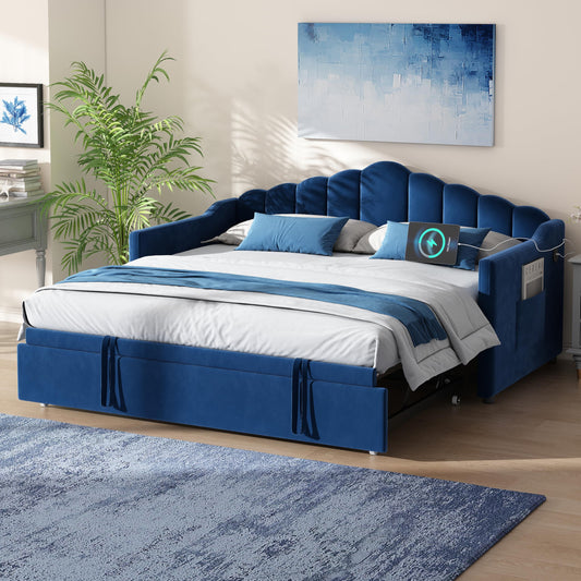 Ball & Cast Velvet Upholstered Twin Size Daybed with Pop Up Trundle Twin Bed and USB & Type-C Charging Port, Day Bed Frame with 2 Side Pockets, Twin to King Design,No Box Spring Needed,Blue