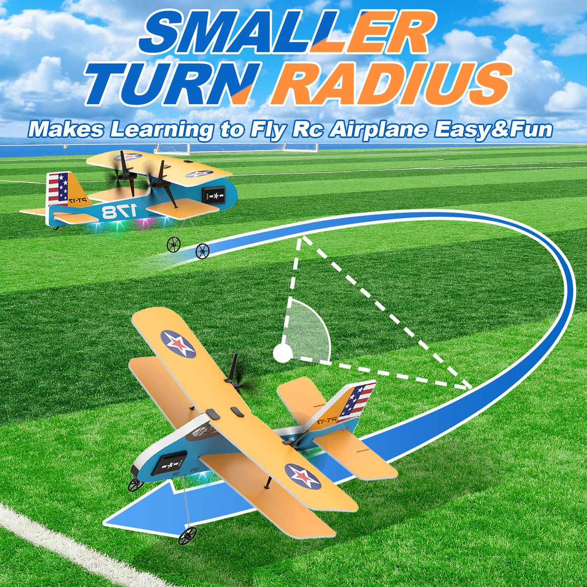 Toileum RC Plane, 2.4Ghz Remote Control Airplane with 3 Batteries & 6-axis Gyro Stabilizer, 2 Channel RTF PT-17 RC Toy, Easy to Fly for Beginners Kids Boys Girls Adults (Yellow)