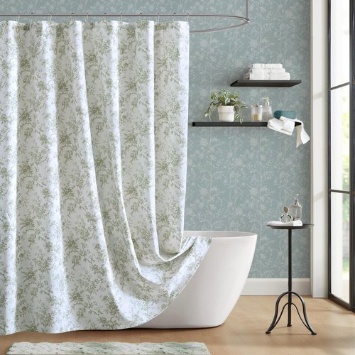 Laura Ashley Walled Garden Shower Curtain, Textured Cotton-Rich Slub Fabric, Tonal Floral Print, Elegant Transitional Bathroom Decor, Machine Washable 72"x72", Green