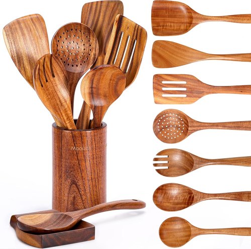 Mooues 9-Piece Natural Teak Wooden Kitchen Utensil Set - Comfort Grip Spoons & Utensils Holder