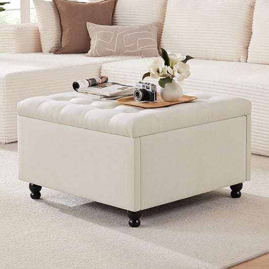 Weture 30 Inch Large Square Storage Ottoman Coffee Table, Oversized Square Ottoman with Storage, Tufted Upholstered Coffee Tables for Living Room (Fabric, Beige)