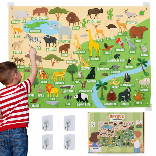 BONNYCO Felt Board for Toddlers with 116 Jungle Animals Figures. Montessori and Sensory Toys, Birthday Gifts for Kids 3-8 Years Old. Educational Games Learning Activities Christmas