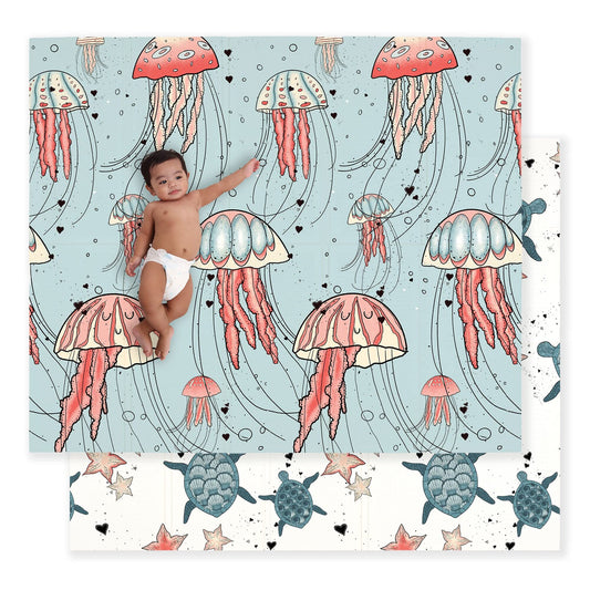 JumpOff Jo Foldable Foam Play Mat – Large Waterproof Baby & Toddler Activity Floor Mat, Double-Sided 70 x 59 Inch Play Surface - Seaside