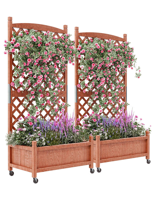 29.5 in x 13 in x 61.5 in Wood Planter Box With Trellis For Plant & Flower, Raised Garden Bed With Wheels, Standing Vertical Horticulture Trellis Planter With Drainage Holes for Patio Garden, 2PCS