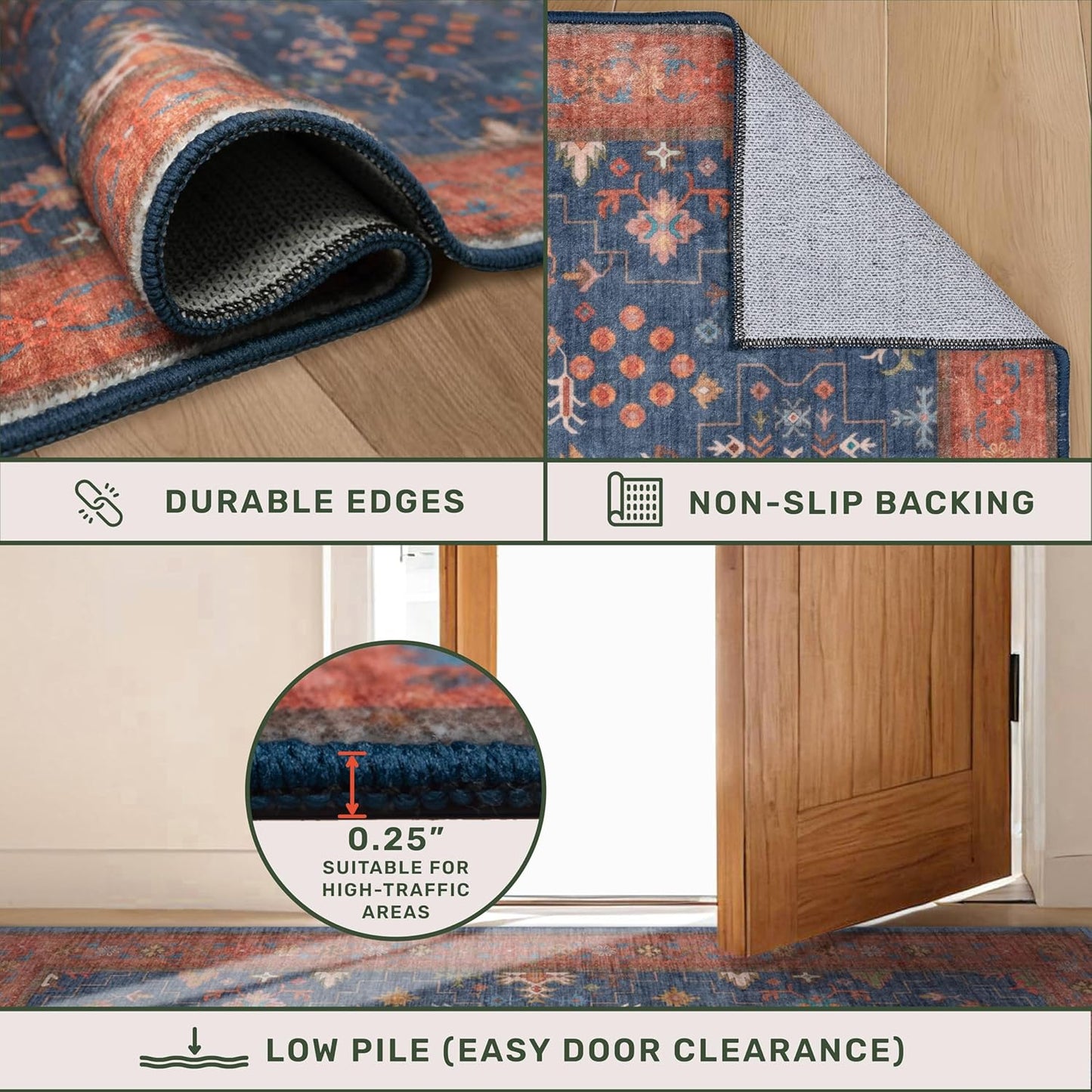 Skiennix Washable 10 Ft Long Hallway Runner Rug - Navy Blue, Pet-Friendly & Waterproof with Non-Slip Rubber Backing