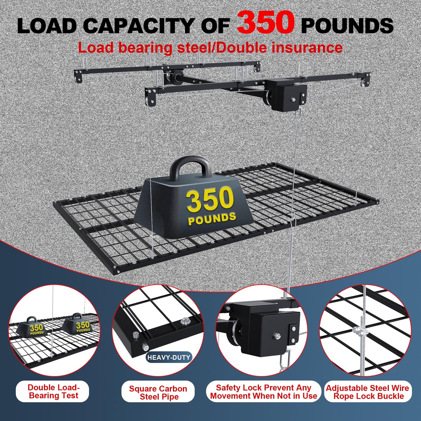 4x8 FT Overhead Garage Storage Rack for High Ceilings 10-12 FT, 350Lbs Heavy-duty Steel Garage Ceiling Rack with Safety Lock, Ideal for Overhead Storage Mounted Lift System and Garage Organizer