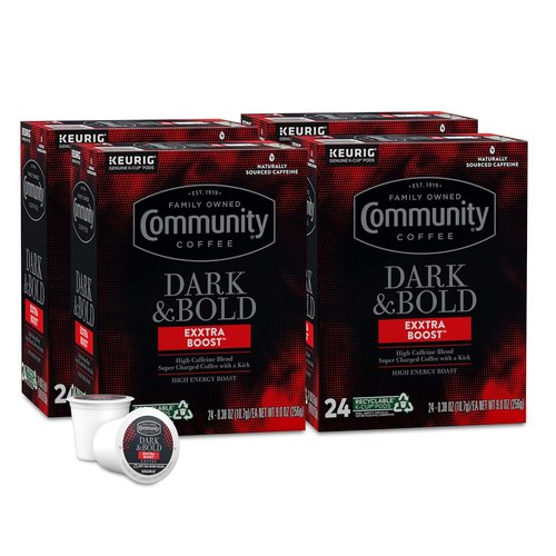 Community Coffee Dark & Bold Extra Boost Coffee Pods - 96 Count for Keurig 2.0 | Pack of 4