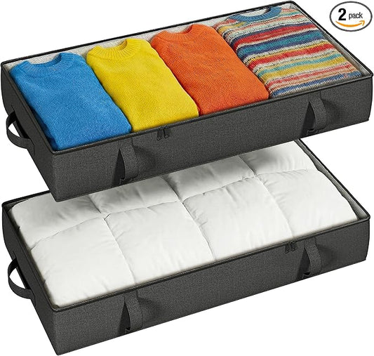 TidyCorner 2-Pack Under Bed Storage, 6 Inches Tall Closet Organizers and Storage Bins with Sturdy Sidewalls/Bottom/4 Handles, Black