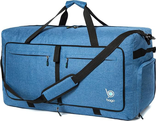 Bago Large Foldable Duffel Bags for Traveling Women & Men - 120L Packable Duffle Bag for Travel with Shoe Compartment - Water Repellant, Heavy Duty, Lightweight Folding & Collapsible (SnowBlue)
