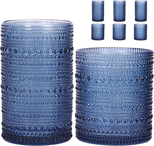 Moretoes Hobnail Drinking Glasses Set of 6, 12 Oz Highball Glasses & 10 Oz Cocktail Glasses, Clear Embossed Boho Glass Cups Kitchen Bar Tumbler Glassware Set for Whiskey, Beer, Juice, Milk (Blue)