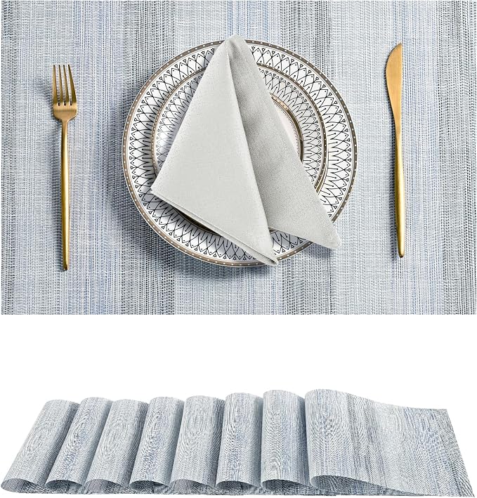 Leetaltree LightSteel Blue Placemats Set of 8 - Heat Resistant Non-Slip Place mats for Dining Table, Washable Durable PVC Vinyl Woven Table Matsï¼LightSteel Blue, 8ï¼