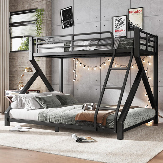 Bellemave Twin XL Over Queen Metal Bunk Bed,Low Profile Floor Bunk Bed Frame with Angled Ladder, Heavy Duty & Noise-Free Design for Kids, Teens & Adults, Black