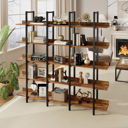 5-Tier Bookcase, Tall Industrial Bookshelf for Home Office, Storage Organizer with Metal Frame, Brown