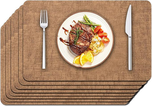 Maxpearl 8-Piece PU Leather Placemats â Durable, Heat Resistant & Wipeable Table Mats, Non-Slip and Waterproof Dining Place Mats for Kitchen or Patio Table, 17x12 Inches, Brown