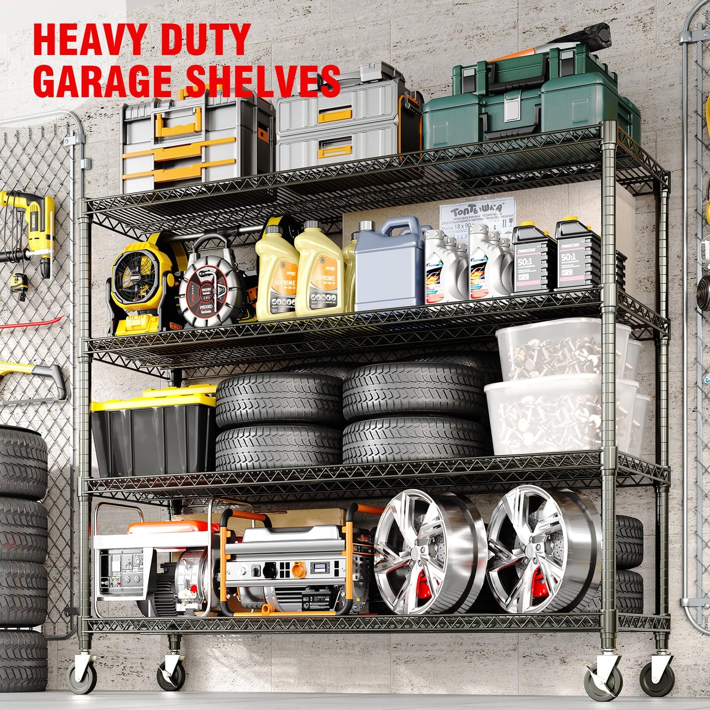 72" H x 59" W x 18" D Storage Shelves with Wheels, 4 Tier Adjustable Wire Shelving Unit, 2640 Lbs Capacity Heavy Duty Metal Storage Rack for Garage, Pantry, Kitchen, Warehouse, Commercial Use