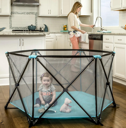 Regalo Safety My Play Portable Baby Playpen & Play Yard, Foldable 6-Panel Indoor Outdoor Playpen for Babies & Toddlers, Mesh Sides, Washable Fabric, 48”, Aqua/Black