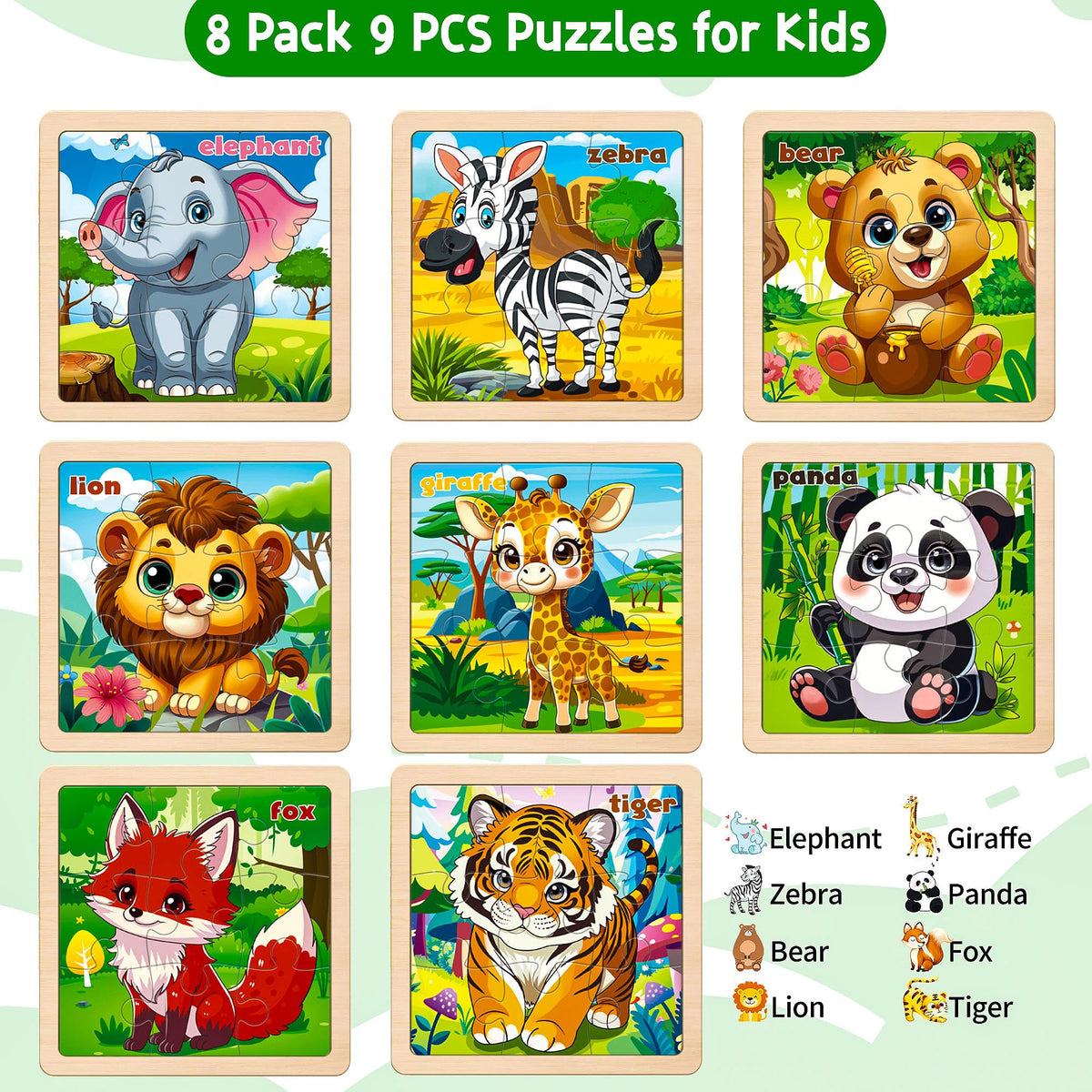 Wooden Animals Puzzles for Toddlers 2-4, 8 Pack 9 PCS Jigsaw Puzzles for Kids 2-4, Wooden Puzzles for Toddlers 3-5, Animal Puzzles for Kids 3-5, Preschool Puzzles Learning Educational Sets Toys