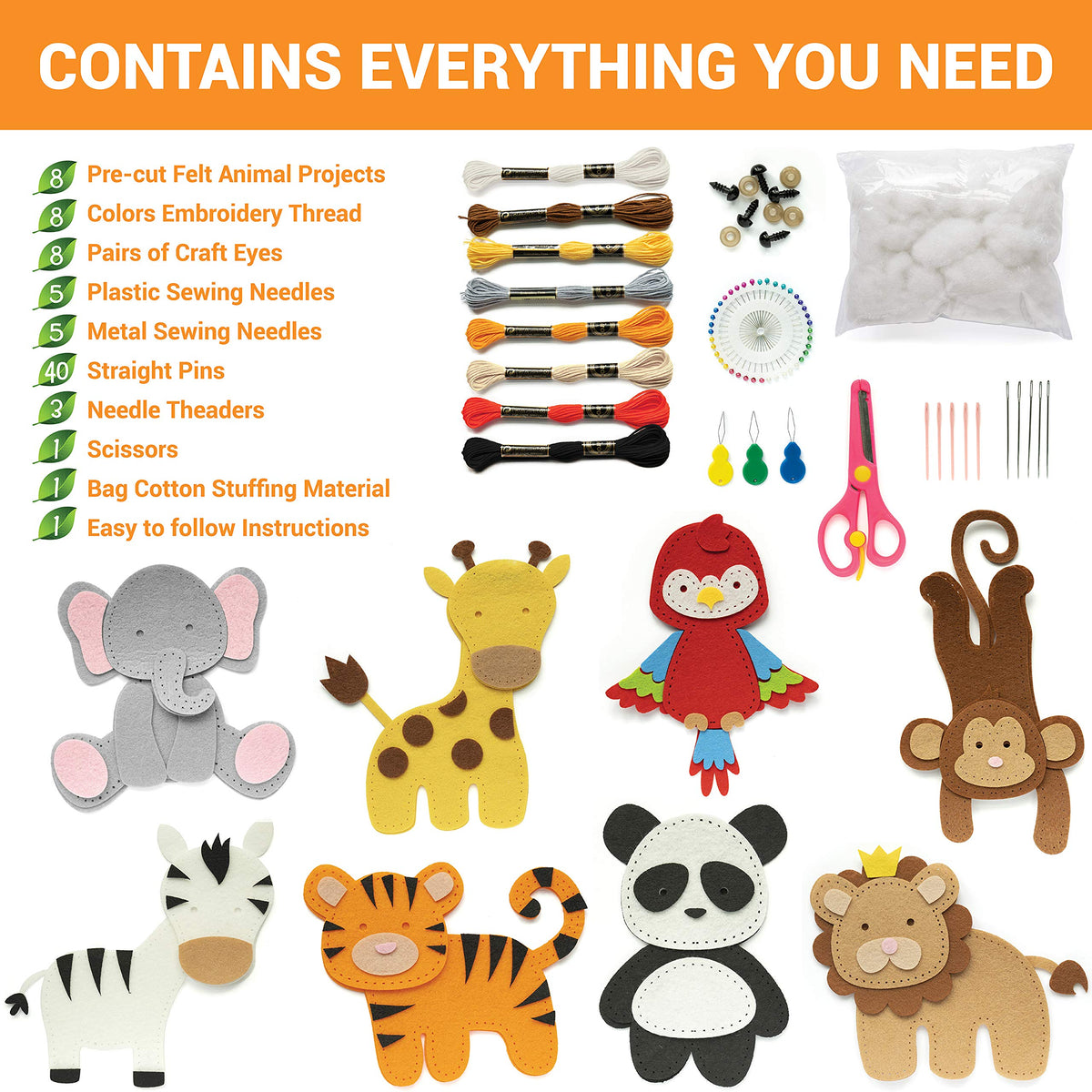Craftorama Sewing Kit for Kids, Fun and Educational Wild Animal Craft Set for Boys and Girls Age 7-12, Sew Your Own Felt Animals Craft Kit for Beginners, 165 Piece Set
