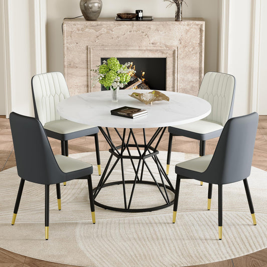 KEIKI Round Dining Table Set for 4, 47.3" White Faux Marble Kitchen Table with Black Metal Base & 4 White Gray PU Leather Chairs, Modern Industrial Dining Room Set with Gold Accent for Apartment