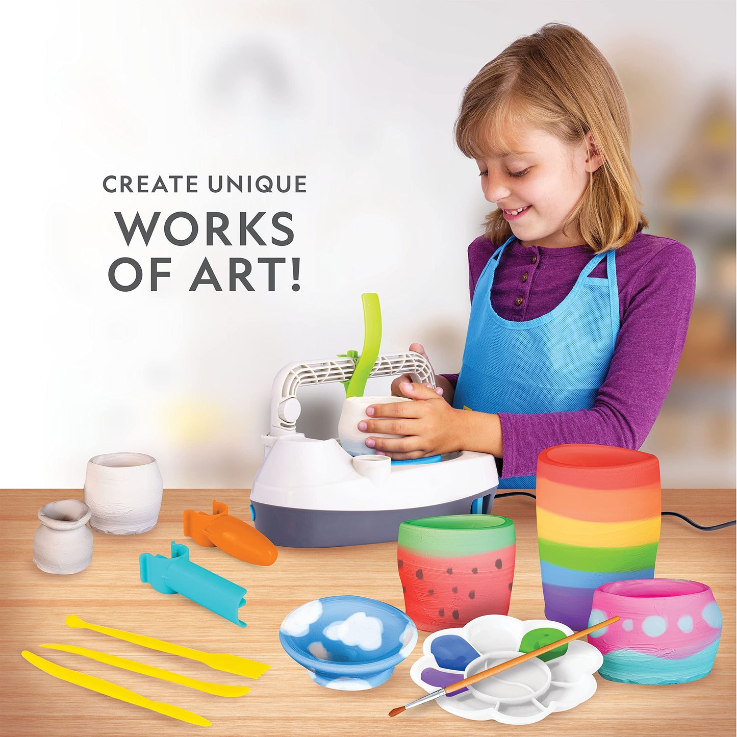 NATIONAL GEOGRAPHIC Deluxe Pottery Wheel Kit – Complete Starter Pottery Set, Plug-In Motor, 3 lbs. Air Dry Clay, Gemstone Chips, Sculpting Tools, Patented Arm Tool, Paints & More, Great Kids Craft Kit