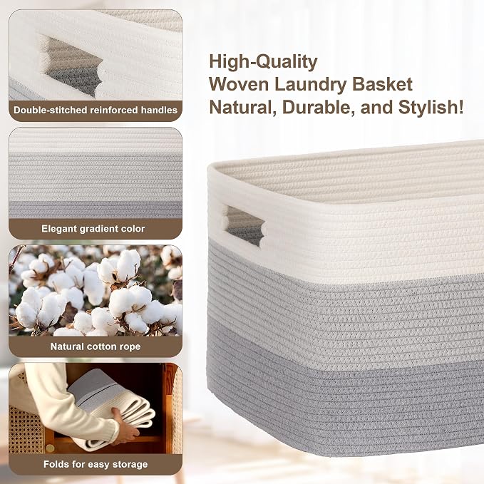 60L Laundry Basket with Leather Handles for Living Room Storage, Woven Rope Baskets Bin for Blanket, Kids Toy, Gifts, Wicker Hamper for Bedroom Dirty Clothes, Gradient Grey