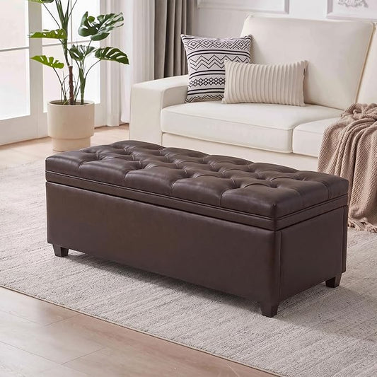 Mangodan 43" Storage Ottoman Bench, Tufted Ottoman with Storage for Living Room, Large End of Bed Ottomans, Modern Entryway Benchs, Window & Bedroom Benches for Foot of Bed (Faux Leather Dark Brown)