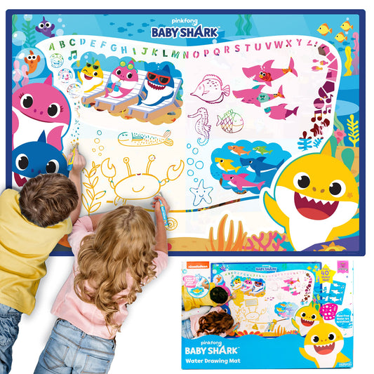Baby Shark Water Drawing Mat by Horizon Group USA, Includes Reusable 40-Inch Water Drawing Mat, Refillable Water Brush & Pens, Stencils, Mess-Free Water Art for Toddlers, Age 3+