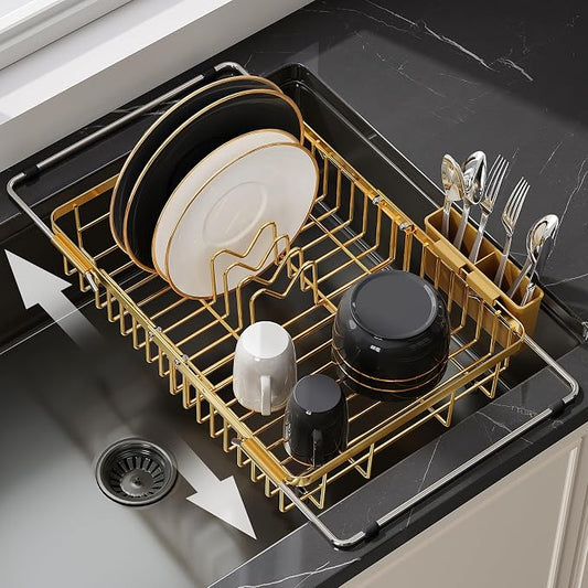 JASIWAY Gold Expandable Stainless Steel Dish Drying Rack Over The Sink for Small Kitchen, Counter Space Saving Compact Plate Drainer Strainer, Adjustable Hanging Metal Dish Dryer with Utensil Holder