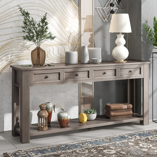 Brisca Solid Wood Console Sofa Table with 4 Drawers and Tabletop,Bottom Shelf for Entryway Hallway or Living Room,Space Saving,Easy to Assemble,Gray Wash,63" L×14" W×30" H