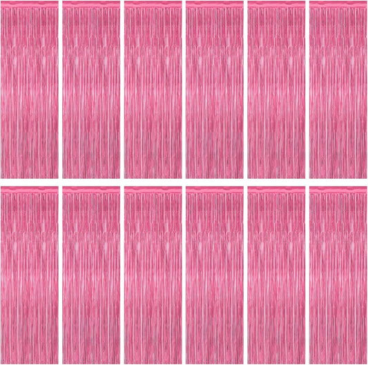 ZATAYE Pink Foil Fringe Curtains - 12 Pack Metallic Tinsel Backdrop for Birthday & Valentine's Day Decor | 3.28 FT x 7.05 FT