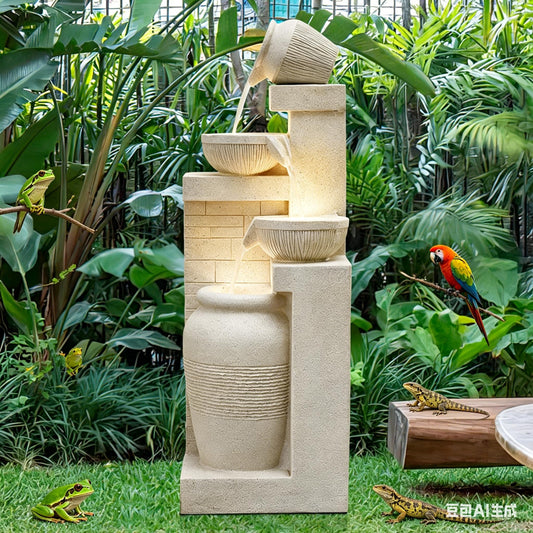 42.52" 4-Tier Outdoor Garden Water Fountain, Floor-Standing Cascading Waterfall with LED Lights, Rustic Pot Water Feature for Patio, Backyard, Deck, Porch, Indoor Outdoor Home Decor
