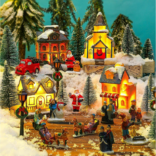 Wettarn LED Christmas Village House Set - 26 Pcs Lighted Figurines for Festive Home Decor