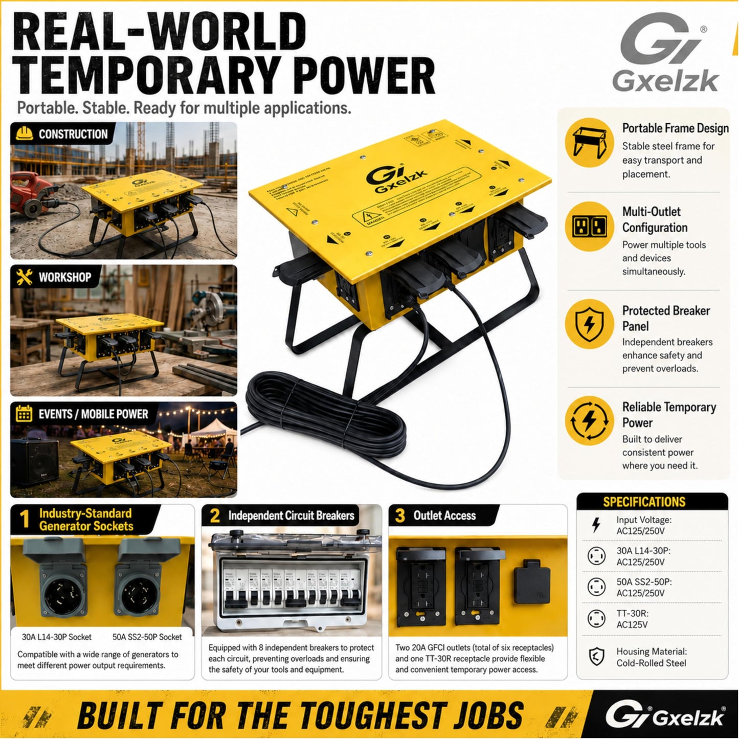 Power Distribution Box Temporary Distribution Box, It has Both 50A and 30A inlets, six 120V CFGI duplexes,Safe and Reliable Power on Any Construction site (50A)