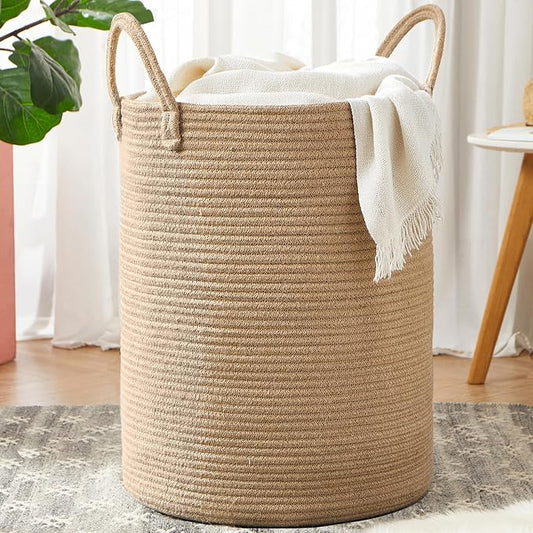 80L Extra Large Jute Laundry Hamper Tall Woven Laudnry Basket Wicker Rope Clothes Hamper Boho Blanket Basket in Living Room Bedroom 16"D x 22"H