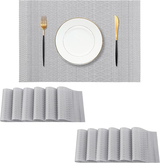 Leetaltree Lunar Grey Placemats Set of 12 - Heat Resistant Non-Slip Place mats for Dining Table, Washable Durable PVC Vinyl Woven Table Matsï¼Lunar Grey, 12ï¼