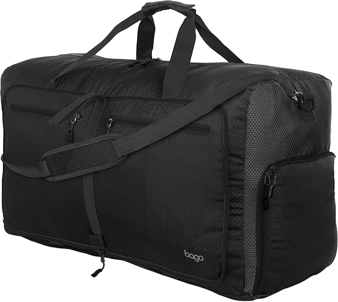 Bago Foldable Duffel Bags for Traveling Women & Men - 60L Medium Packable Duffle Bag for Travel with Shoe Compartment - Water Repellant, Heavy Duty, Lightweight Folding & Collapsible (All Black)