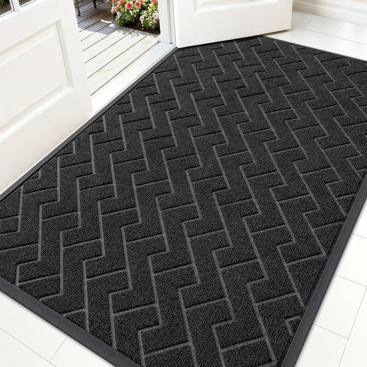 OLANLY Indoor Outdoor Front Door Mat - Waterproof All-Season Herringbone Doormat | Easy Clean, Black (59x35)