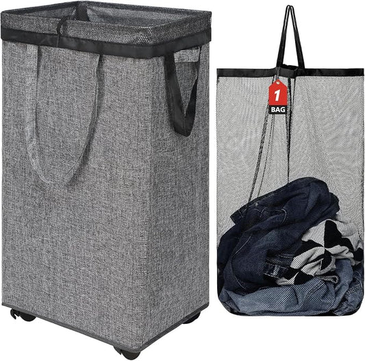 DOKEHOM 90L X-Large Laundry Basket with Removable Wash Bag on Wheels, Collapsible Rolling Laundry Hamper, Foldable Clothes Organizer, Folding Washing Bin (Linen Grey)