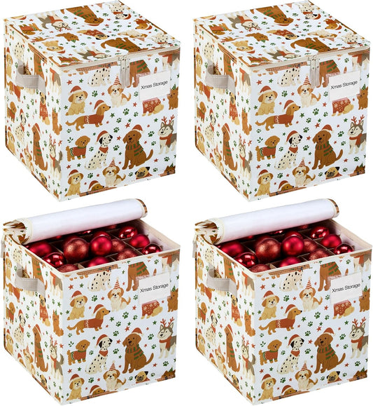 VENO Christmas Ornament Storage Box - 4 Pack with Adjustable Dividers & Zippered Top | Holds 64 Ornaments, 3-Inch Cube Compartments (Holiday Pups)
