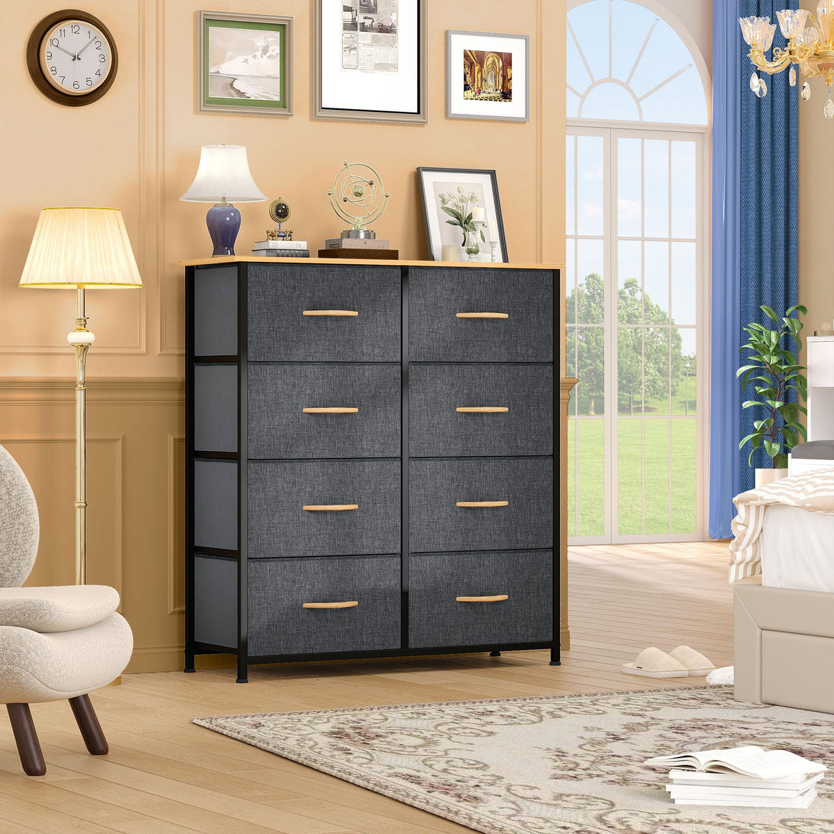 DWVO 9 Drawers Dresser for Bedroom, Fabric Storage Tower for Living Room, Entryway - Sturdy Steel Frame, Wooden Top & Easy Pull Fabric Bins