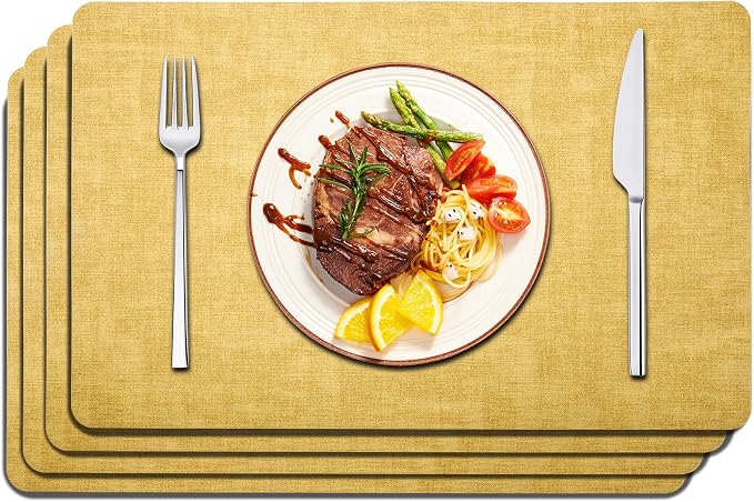Maxpearl Faux Leather Placemats Set of 4 - Waterproof - Wipe Clean - Heat Resistant - Anti Slip Dining Table Place Mats, Suitable for Indoor & Outdoor Use, 17ââÃ12ââ, Light Yellow