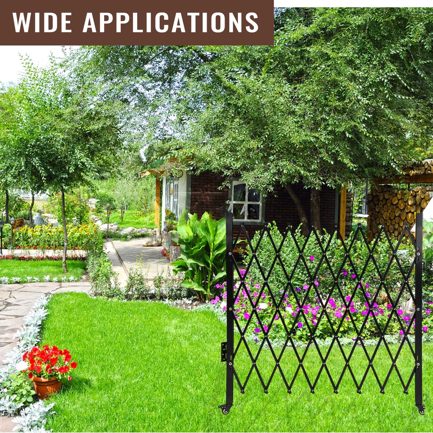 MERXENG Single Folding Security Gate 67" h x 71" w, Steel Expandable Fence with 360° Rolling Wheels for Courtyard, Garage, and Garden Access Control