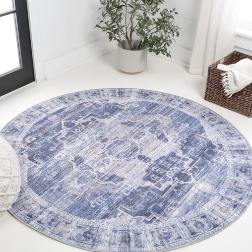 JONATHAN Y Machine Washable Navy/Cream Round Area Rug 5 ft, Medallion for Living Room, Bedroom, Kitchen, Office, Easy-Cleaning, High Traffic, Pet-Friendly, Non-Shedding (WSH100A-5R)