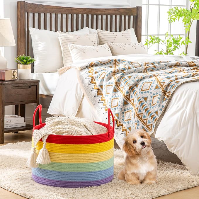 KAKAMAY Large Blanket Basket (20"x13"),Woven Baskets for storage Baby Laundry Hamper, Cotton Rope Blanket Basket for Living Room, Laundry, Nursery, Pillows, Baby Toy chest (Rainbow)