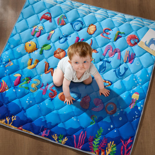 Baby Play Mat for Floor - MORAIS 50x50 Inch with 800g Filling Thickened Crawling Mat for Playpen, Cushioned Playpen Mat with Anti-Slip Bottom and Animal Alphabet (Ocean Adventure)