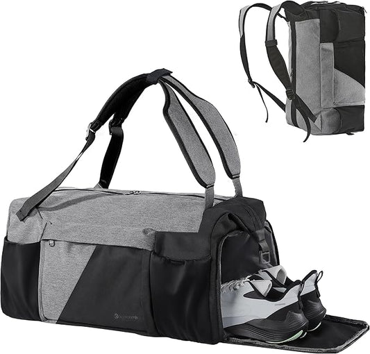 Gym Bag for Men with Shoes Compartment and Wet Pocket Convertible Duffle Bag and Gym Backpack Waterproof Sports Bag with 2 Bottle Holders Weekender Overnight Bag - Black&Grey