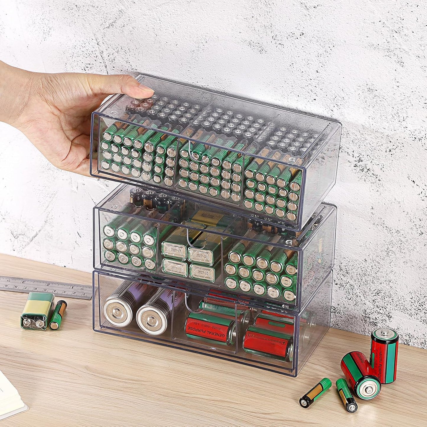2 Pack 9V, 2-Drawer Common BTSKY Clear Acrylic Battery Storage Organizer for AA, AAA, C, D Batteries, Storage Box